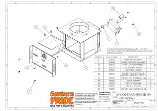 Exploded view drawing of the 120V smoke extractor assembly with a parts list for the standard and mirror-image versions