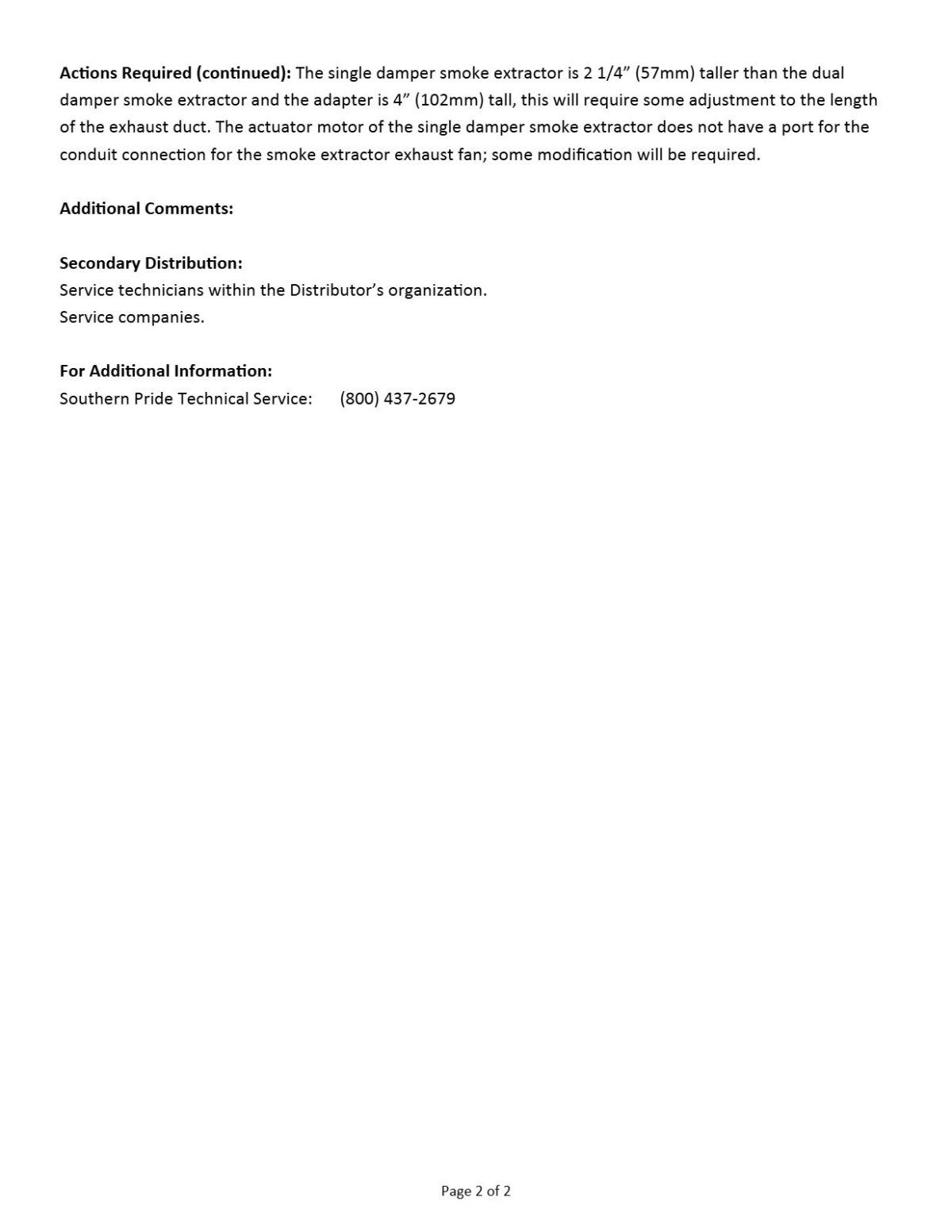 Service bulletin text describing the height difference and conduit modification needed when installing the new smoke extractor