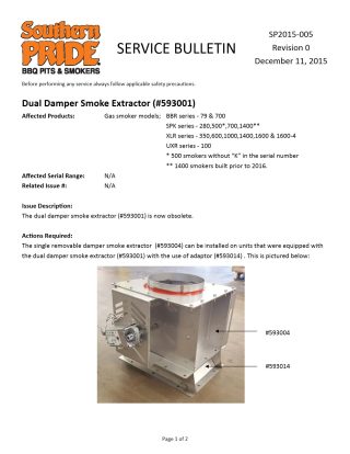 Service bulletin diagram labeling the new single damper smoke extractor (#593004) bolted to the old-to-new adapter plate (#593014)
