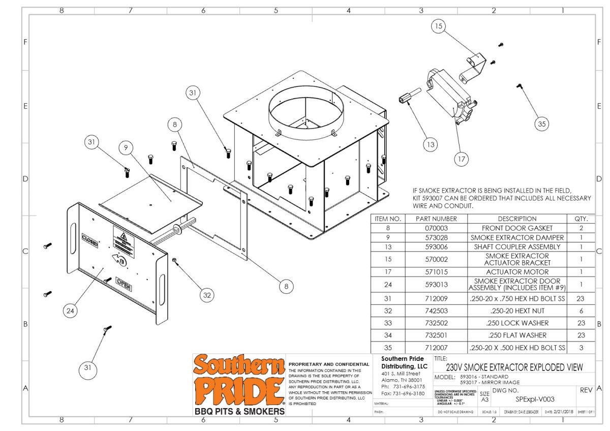 Exploded view drawing of the 230V smoke extractor assembly with a parts list for the standard and mirror-image versions