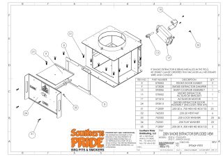 Exploded view drawing of the 230V smoke extractor assembly with a parts list for the standard and mirror-image versions