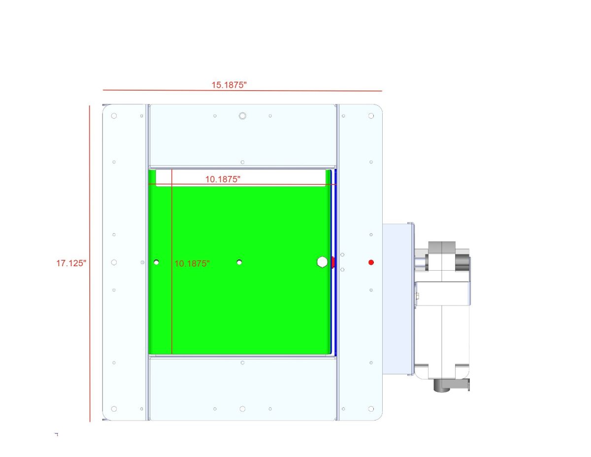 Dimensioned drawing of the new-style smoke extractor showing overall housing size and damper opening dimensions