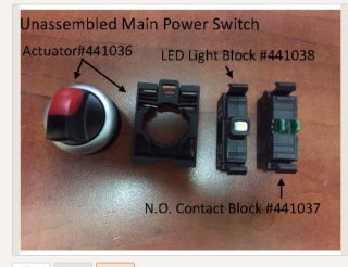 Unassembled new style main power switch parts laid out: actuator, LED light block, and N.O. contact block with part numbers labeled